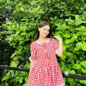 red & white gingham frill peplum top with lace trim