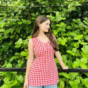 red & white gingham sleeveless tunic top