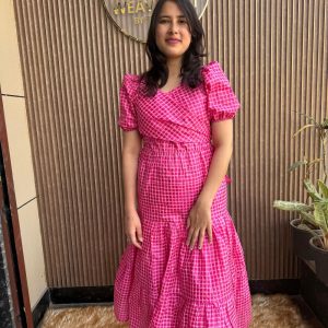 rosy grid puff sleeve dress