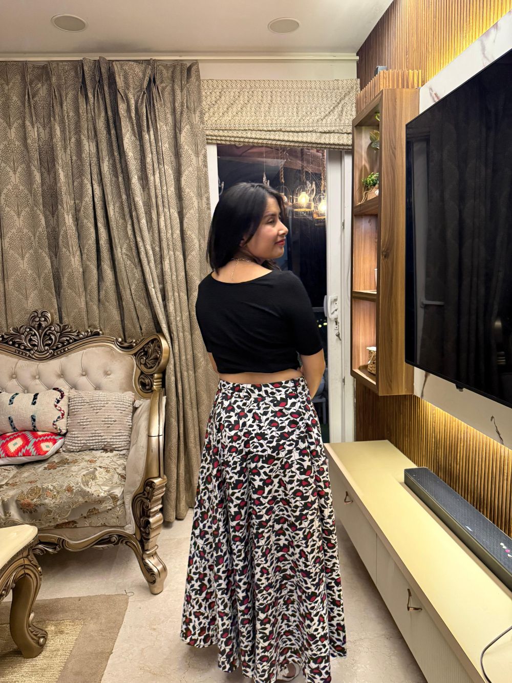 women's black crop top with printed flared skirt women's black crop top with printed flared skirt