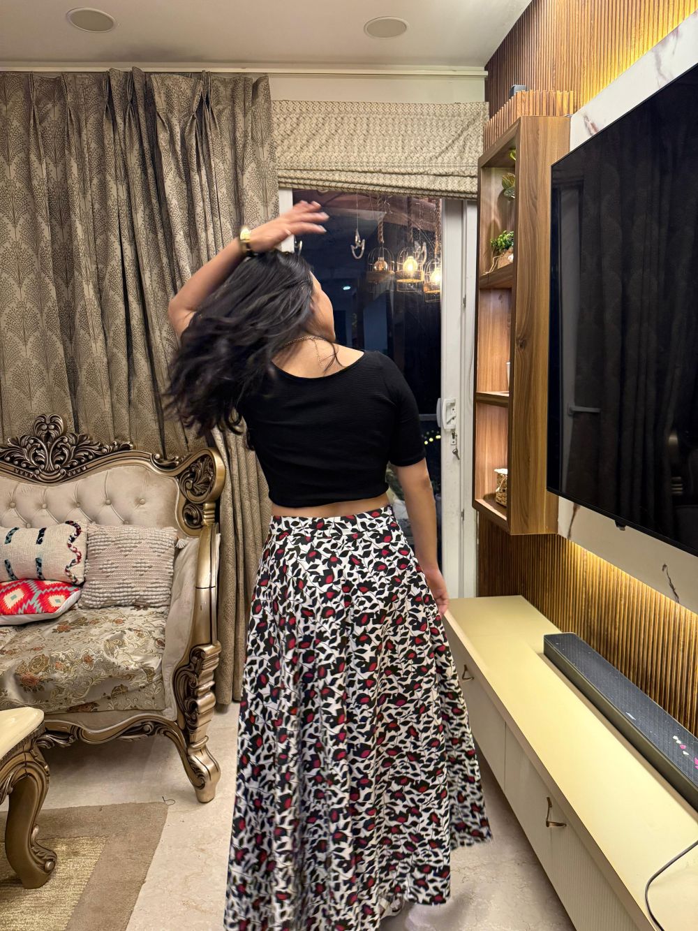 women's black crop top with printed flared skirt women's black crop top with printed flared skirt