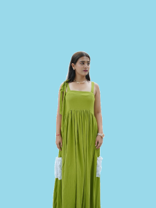 olive green tie strap maxi dress with eyelet pockets