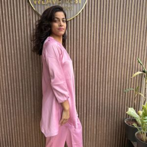 women's pink solid co ord set with kurta & pants