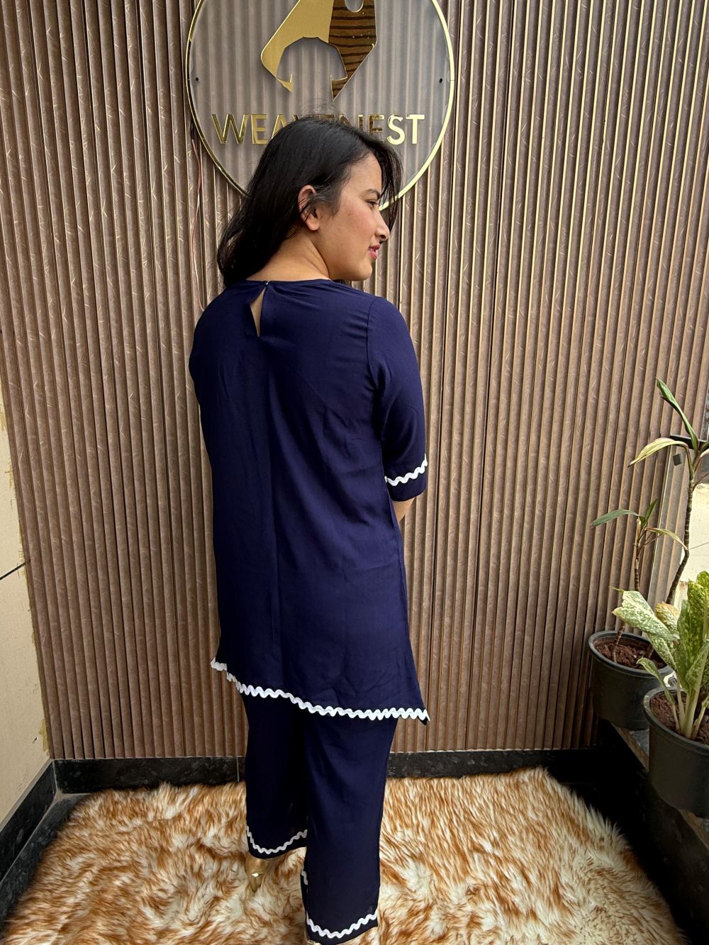 women's navy blue co ord set with white lace trim women's navy blue co ord set with white lace trim