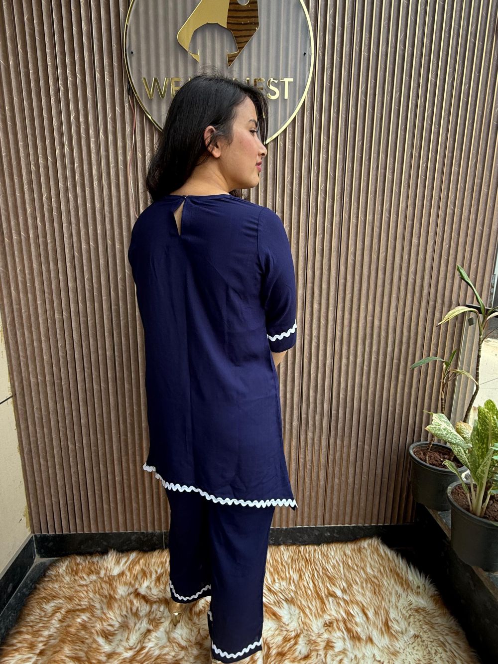 women's navy blue co ord set with white lace trim women's navy blue co ord set with white lace trim