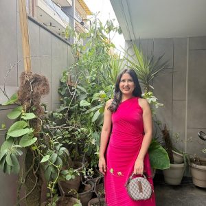 fuchsia pink one shoulder draped gown