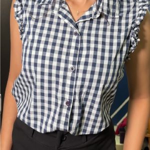 women’s sleeveless checkered ruffle trim shirt